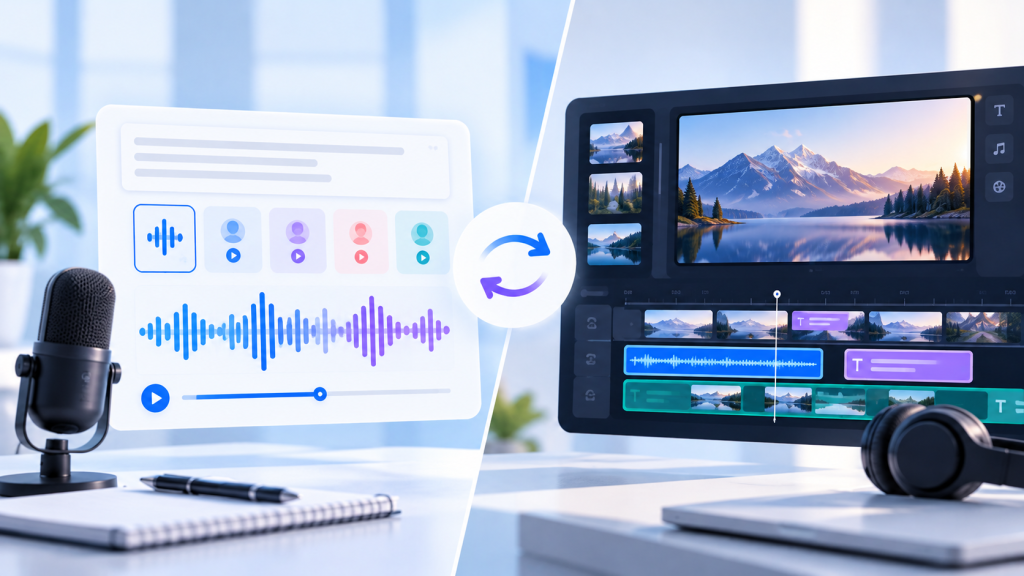 Minimalist AI voiceover comparison showing audio waveform generation and video editing timelines, without logos