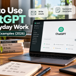 ChatGPT for everyday work on a laptop, illustrating email writing, document summaries, daily planning, brainstorming, and data analysis.