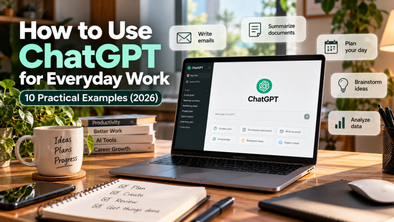ChatGPT for everyday work on a laptop, illustrating email writing, document summaries, daily planning, brainstorming, and data analysis.
