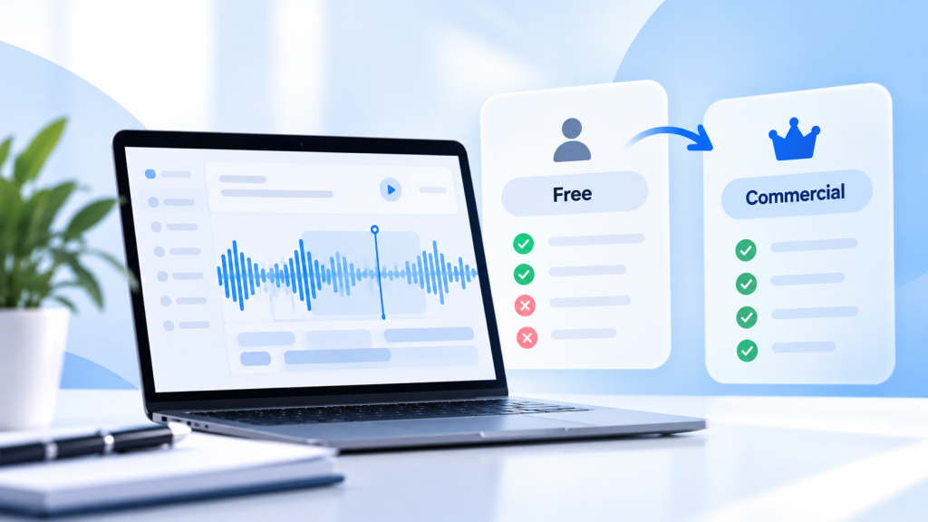 AI voice waveform and commercial licensing illustration for ElevenLabs free plan guide