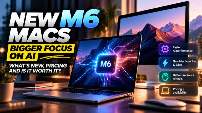 Modern laptop and desktop computer illustrating Apple's M6 chip and on-device AI processing