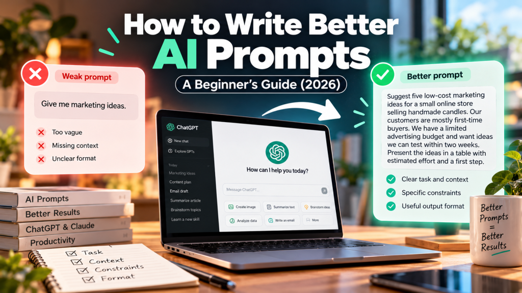 Illustration comparing a vague AI prompt with a detailed, structured prompt to demonstrate how to write better AI instructions.