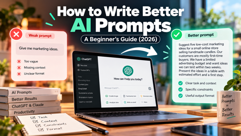 Illustration comparing a vague AI prompt with a detailed, structured prompt to demonstrate how to write better AI instructions.